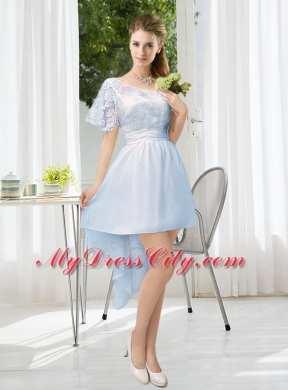 Lace High Low Short Sleeves Bridesmaid Dress with One Shoulder