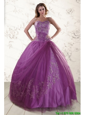 Purple Sweetheart Appliques 2015 Quinceanera Dresses with Embroidery