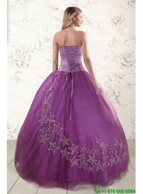 Purple Sweetheart Appliques 2015 Quinceanera Dresses with Embroidery