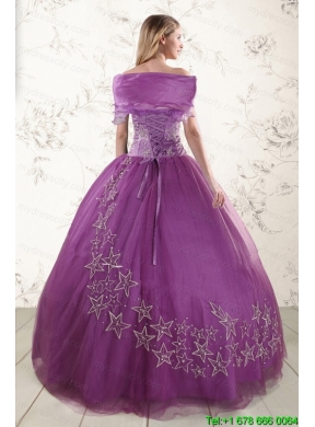 Purple Sweetheart Appliques 2015 Quinceanera Dresses with Embroidery