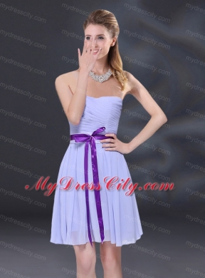 Ruching and Belt Chiffon Bridesmaid Dress in Lavender