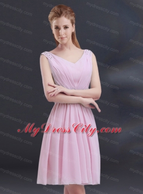 V Neck Beading 2015 Bridesmaid Dress with Ruching