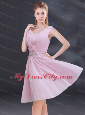 V Neck Beading 2015 Bridesmaid Dress with Ruching