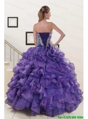 2015 Prefect Purple Sweet 15 Dresses with Embroidery and Ruffles