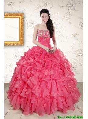 Beading and Ruffles 2015 Hot Pink Quinceanera Dresses with Strapless