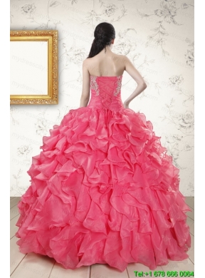 Beading and Ruffles 2015 Hot Pink Quinceanera Dresses with Strapless