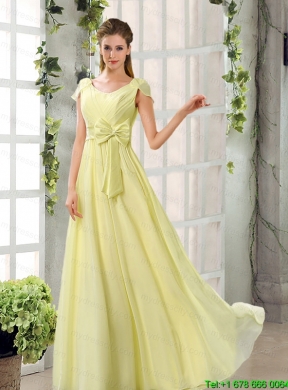 Scoop Ruching Cap Sleeves Chiffon Mothr of The Bride Dresses in   Champagne for 2015