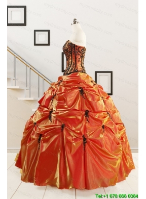 2015 Cheap Appliques Quinceanera Dresses in Orange Red and Black