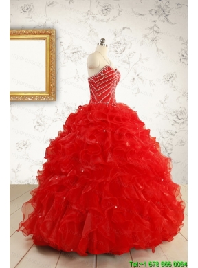 2015 Luxurious Sweetheart Beading Red Quinceanera Dresses