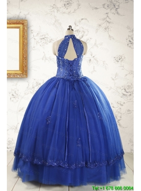 2015 HalterTop Appliques and Beading Dresses For 15 in Royal Blue