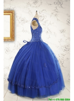 2015 HalterTop Appliques and Beading Dresses For 15 in Royal Blue