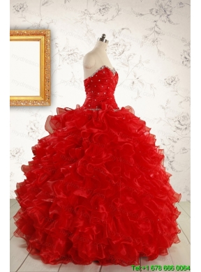 Pretty Ball Gown Sweetheart 2015 Red Quinceanera Dresses with Beading