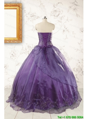 2015 Discount Purple Strapless Appliques Quinceanera Dresses