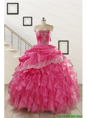 2015 Elegant Appliques and Ruffles Quinceanera Gowns in Hot Pink