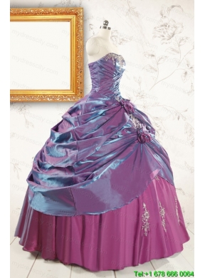 2015 Purple Strapless Quinceanera Dresses with Appliques and Hand Made Flowers