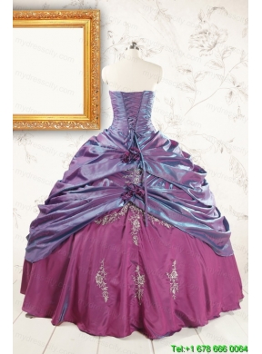 2015 Purple Strapless Quinceanera Dresses with Appliques and Hand Made Flowers