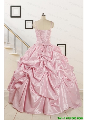 2015 Sweet Spaghetti Straps Beading Pink Quinceanera Dresses