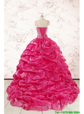 2015 Unique Beading Hot Pink Quinceanera Dresses with Spaghetti Straps