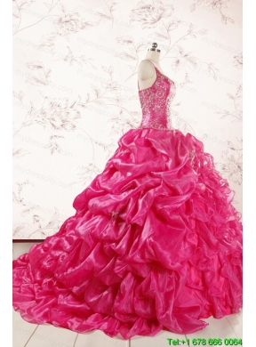 2015 Unique Beading Hot Pink Quinceanera Dresses with Spaghetti Straps