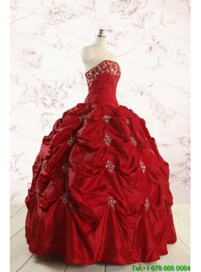 Discount Strapless Wine Red Appliques Quinceanera Dresses for 2015