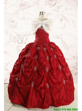 Discount Strapless Wine Red Appliques Quinceanera Dresses for 2015