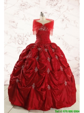 Discount Strapless Wine Red Appliques Quinceanera Dresses for 2015