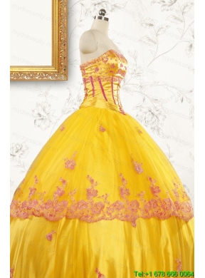 Gold Strapless Beautiful Quinceanera Dresses with Appliques