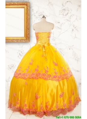 Gold Strapless Beautiful Quinceanera Dresses with Appliques