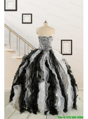 2015 Black and White Sweetheart Dress for Quinceanera with Ruffles