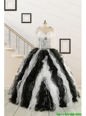 2015 Black and White Sweetheart Dress for Quinceanera with Ruffles