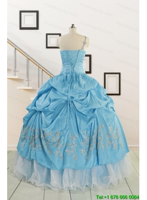 2015 Pretty One Shoulder Appliques Quinceanera Dresses in Aqua Blue