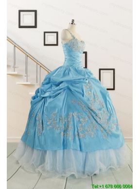 2015 Pretty One Shoulder Appliques Quinceanera Dresses in Aqua Blue