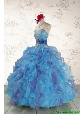 2015 Pretty Strapless Appliques and Ruffles QuinceDress in Multi Color