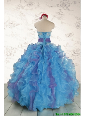 2015 Pretty Strapless Appliques and Ruffles QuinceDress in Multi Color