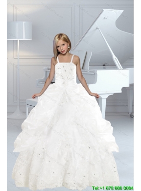 Appliques and Ruffles White delicate Little Girl Pageant Dress with Spaghetti Straps