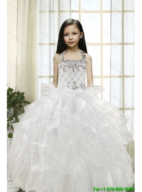 White Ball Gown Halter 2015 Little Girl Pageant Dress with Beading and Ruffles