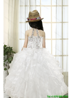 White Ball Gown Halter 2015 Little Girl Pageant Dress with Beading and Ruffles