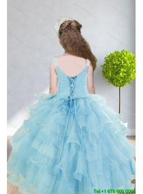 2015 Ball Gown Appliques and Ruffles Baby Bule Little Girl Pageant Dress with Straps