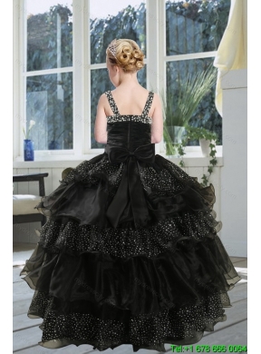 2015 Fashionable Black Straps Sequins Ruffles Organza Little Girl Pageant Dress