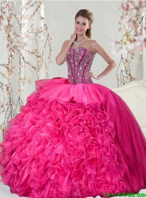 2015 Beautiful and Detachable Hot Pink Sweet 15 Dresses with Beading and Ruffles