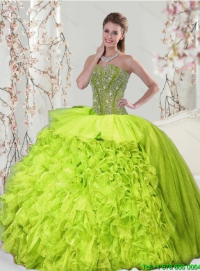 2015 Detachable and Classic Beading and Ruffles Yellow Green Dresses for Quince