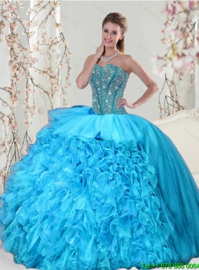 Detachable and Best Aqua Blue Sweet 15 Dresses with Beading and Ruffles for 2015