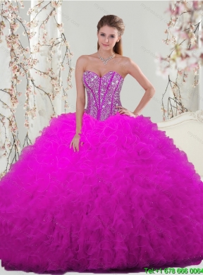 Detachable and Best Quinceanera Dresses with Beading and Ruffles in Fuchsia for 2015 Spring