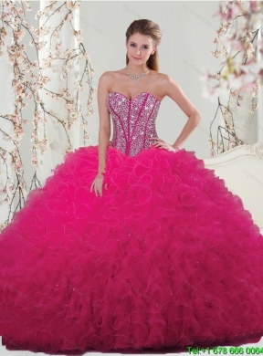 Unique and Detachable Beading and Ruffles Dresses For Quince in Hot Pink