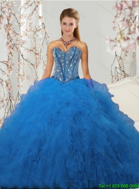 2015 Affordable and Elegant Beading and Ruffles Aqua Blue Quince Dresses