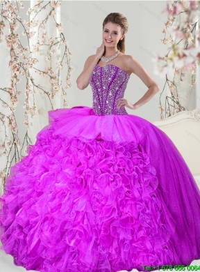 2015 Detachable and Pretty Beading and Ruffles Fuchsia Sweet 16 Dresses