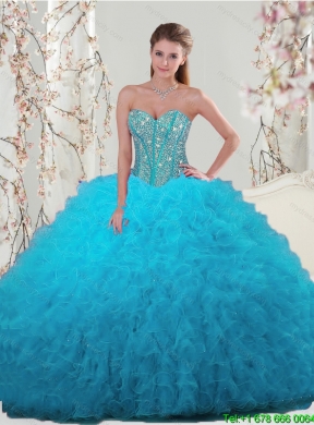 2015 Spring Detachable and Unique Beading and Ruffles Turquoise Dresses For Quince