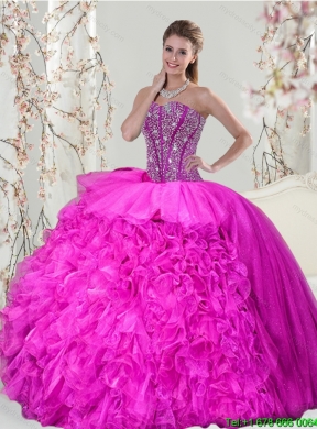 Detachable and Elegant Beading and Ruffles Fuchsia Quinceanera Dress for 2015