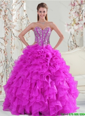 Detachable and Elegant Beading and Ruffles Fuchsia Quinceanera Dress for 2015