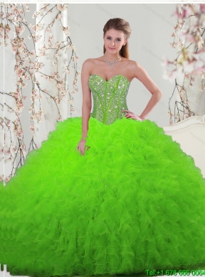 Detachable and Elegant Beading and Ruffles Spring Green Dresses For Quinceanera